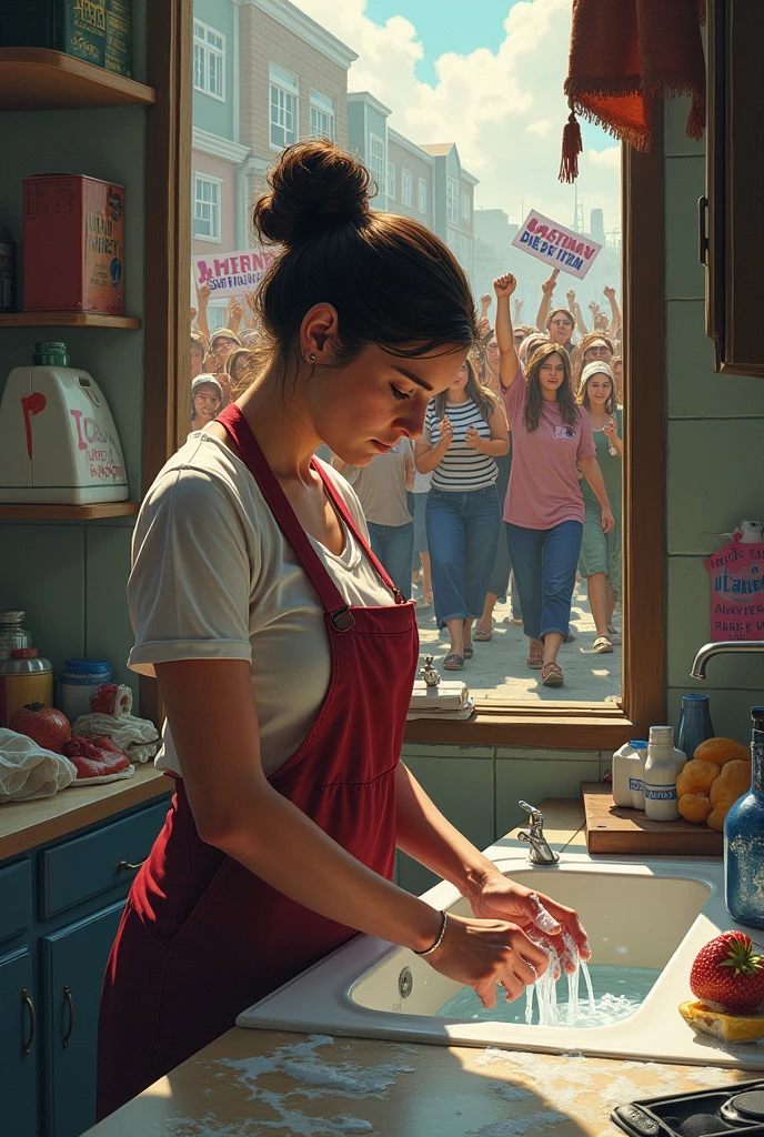  A woman doing housework next to a scene of women at a demonstration.
