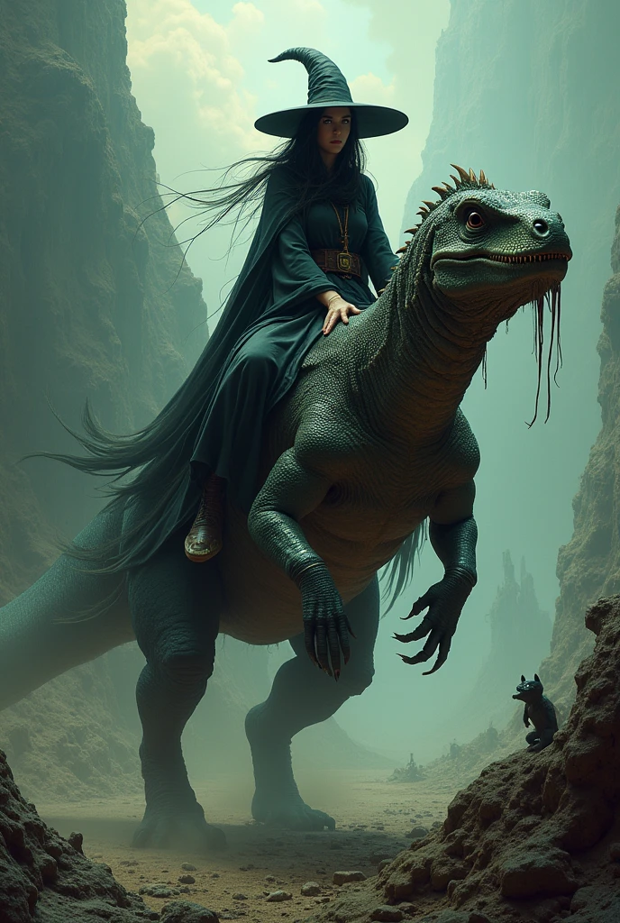 A witch riding a giant lizard