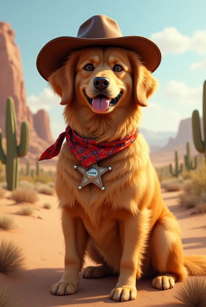 A golden retriever dressed as a cowboy with a bandana around its neck and a sheriff&#39;s badge in profile 