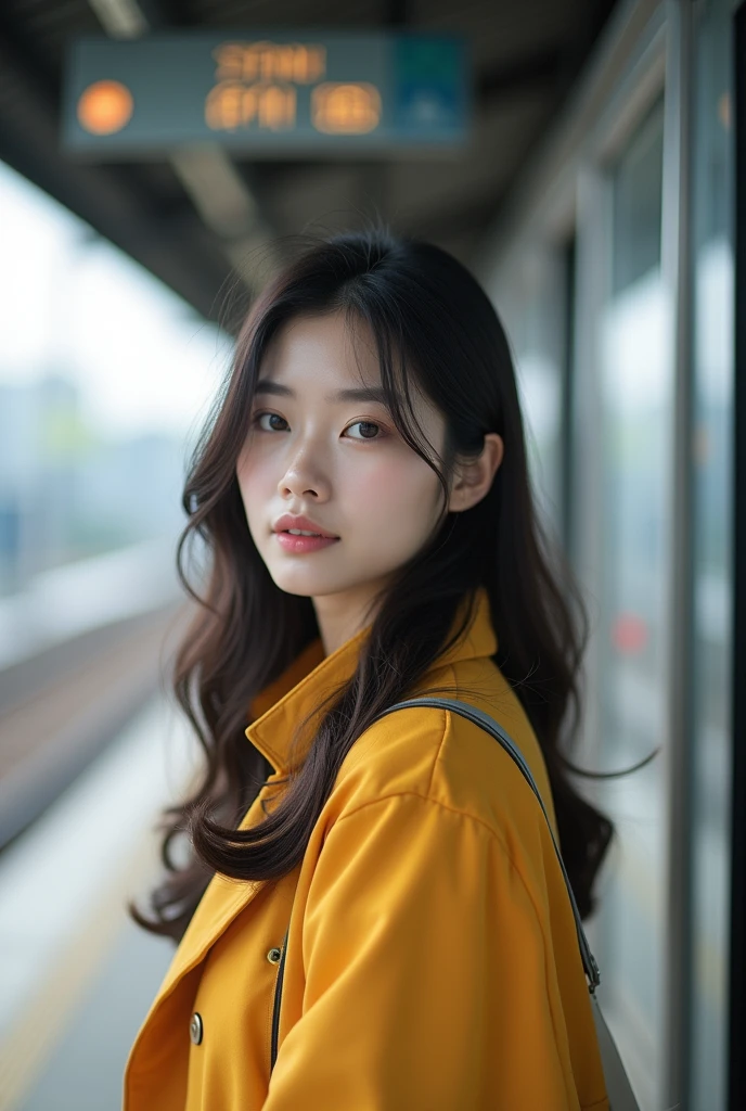 realistic photos of (1 cute Korean star) flipped hair, thin makeup, big breasts size, orange polo shirt, at the train station, clear facial features of Canon EOS, 16k, high resolution, sharp and realistic details, overexposure, cut-in, UHD, highres, best quality