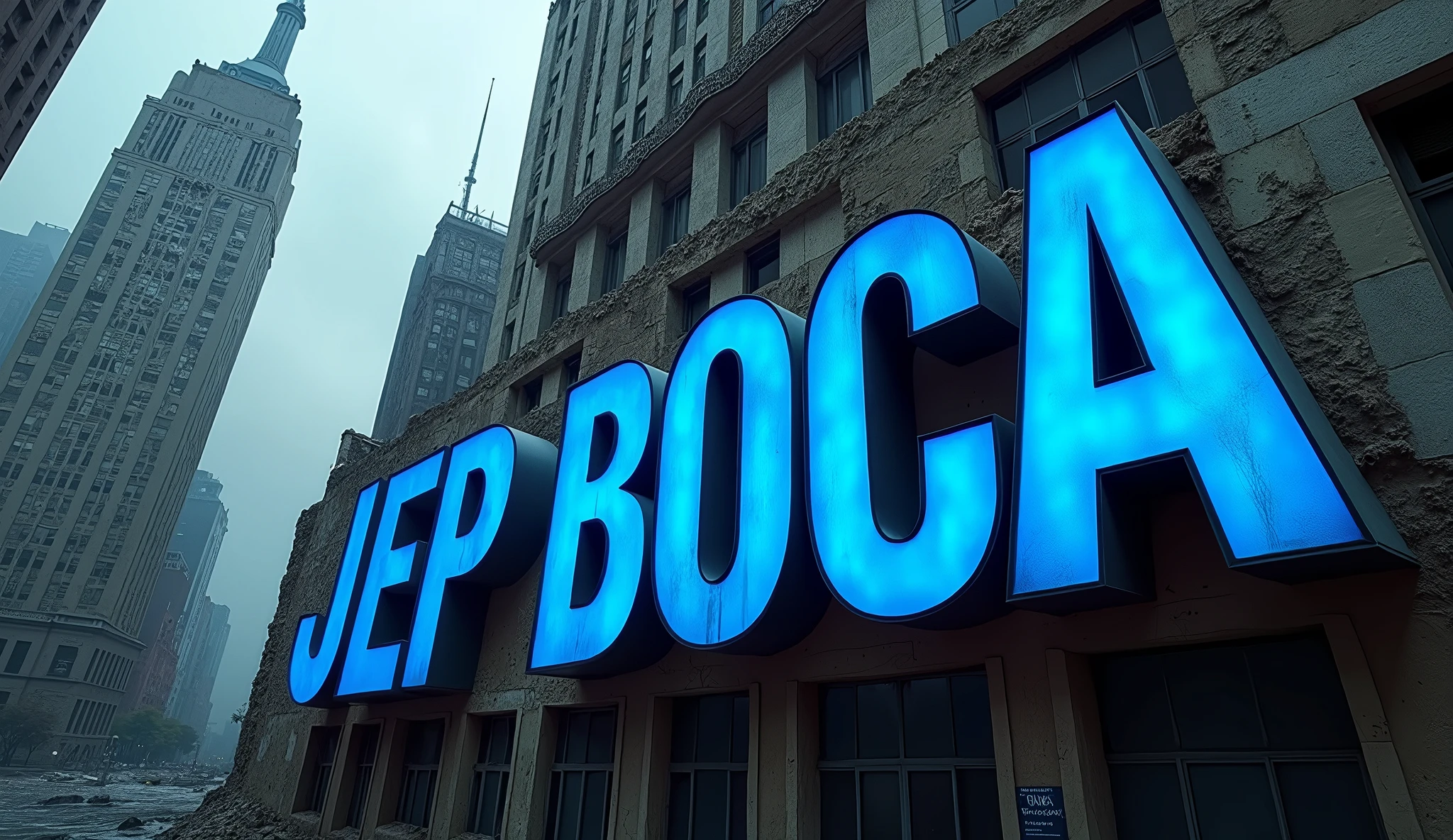 Poster with the word Jep Boca in blue embedded in a 3D building with a background of an apocalyptic New York city