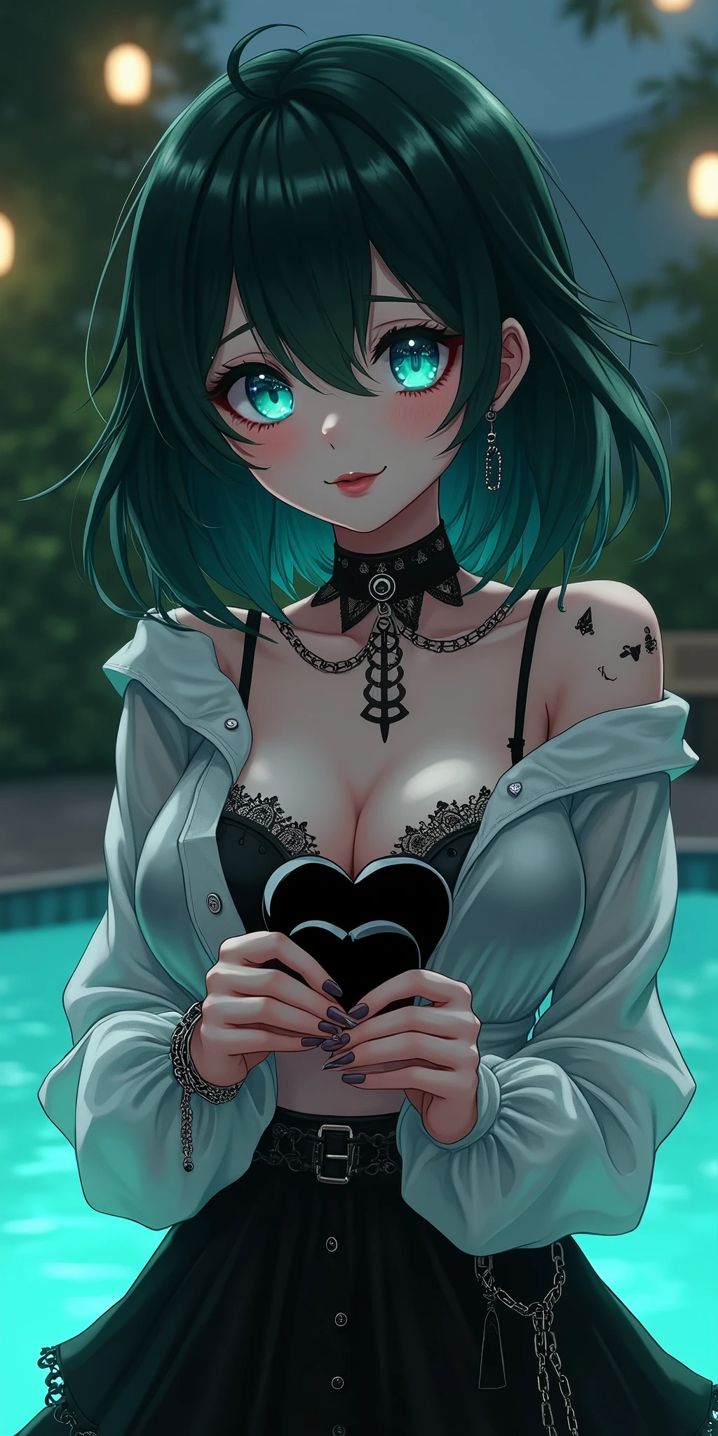 (best quality, ultra-detailed, photorealistic: 1.39), bright and vibrant colors, studio lighting, romantic expression, An effeminate girl, with a delicate and beautiful face. She is a girl who reflects seductive beauty, sparkling eyes, dark gothic makeup, dark gothic punk style, gothic healed woman, A Beautiful and adult tattooed woman and voluminous dark gothic green hair, hair, crying a seductive 2 woman with big breasts seduces, matches the gothic makeup, pleasurable sadistic expression, with her large breasts seduces, gothic style dark gothic transparent long-sleeved white blouse, black bra, black leggings skirt with chain details, dark gothic style, blurred dark gothic makeup, chained, with her blue eyes that matches her soft smile, black gothic style, in a beautiful pose demonstrating her seduction  by the pool, posing, holding a black heart, night with soft lighting, anime style, like a manwha character 