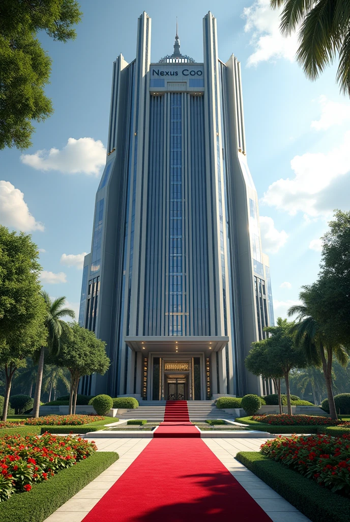 A luxurious, presidential standard company headquarters with the name NEXUS(COO) on it and red carpet on entrance with Singaporean architecture,grass, flowers and on it's own space and compound where is the name NEXUS (COO)