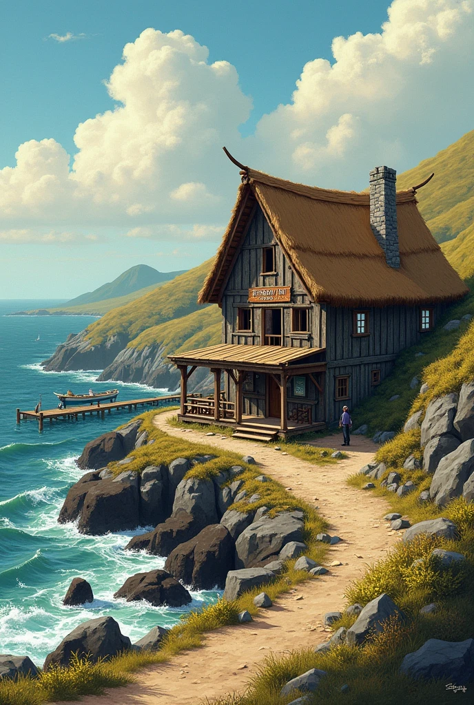Create an illustration of the Benbow Inn from the book Treasure Island
