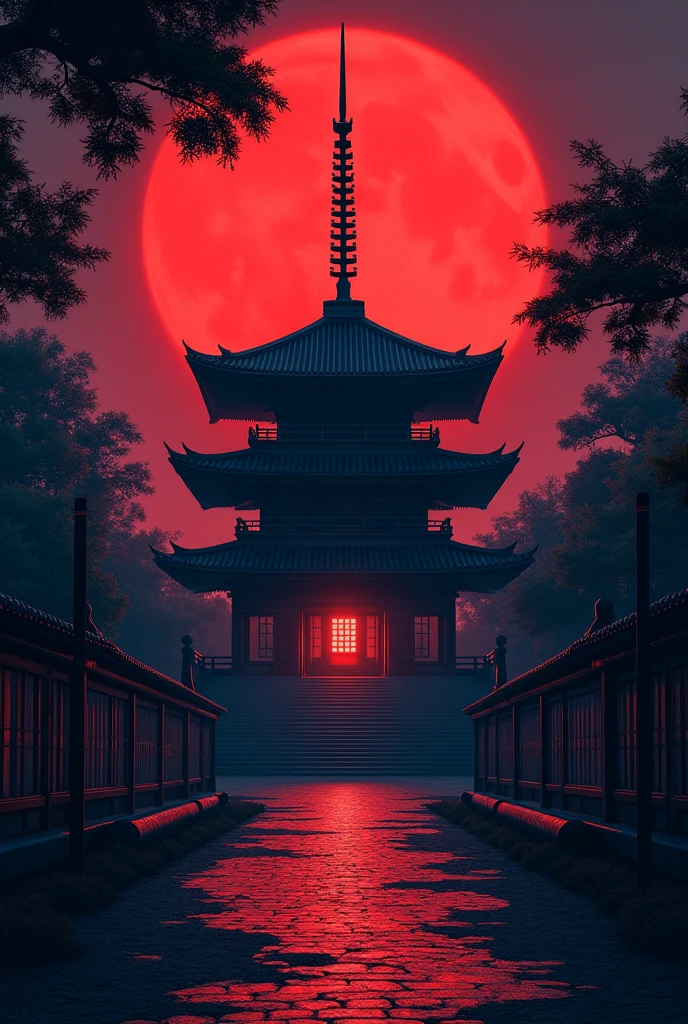 A background of a reddish Japanese temple at night with writing that says "the Big ninjas"