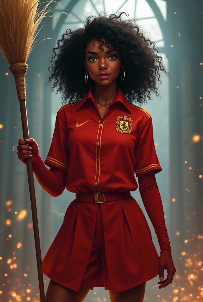 Angelina Johnson from the Harry Potter universe. Black-haired dark-skinned girl with curly hair, red uniform, 20 years, with a broom in her hand, captain of the gryffindor Quidditch team