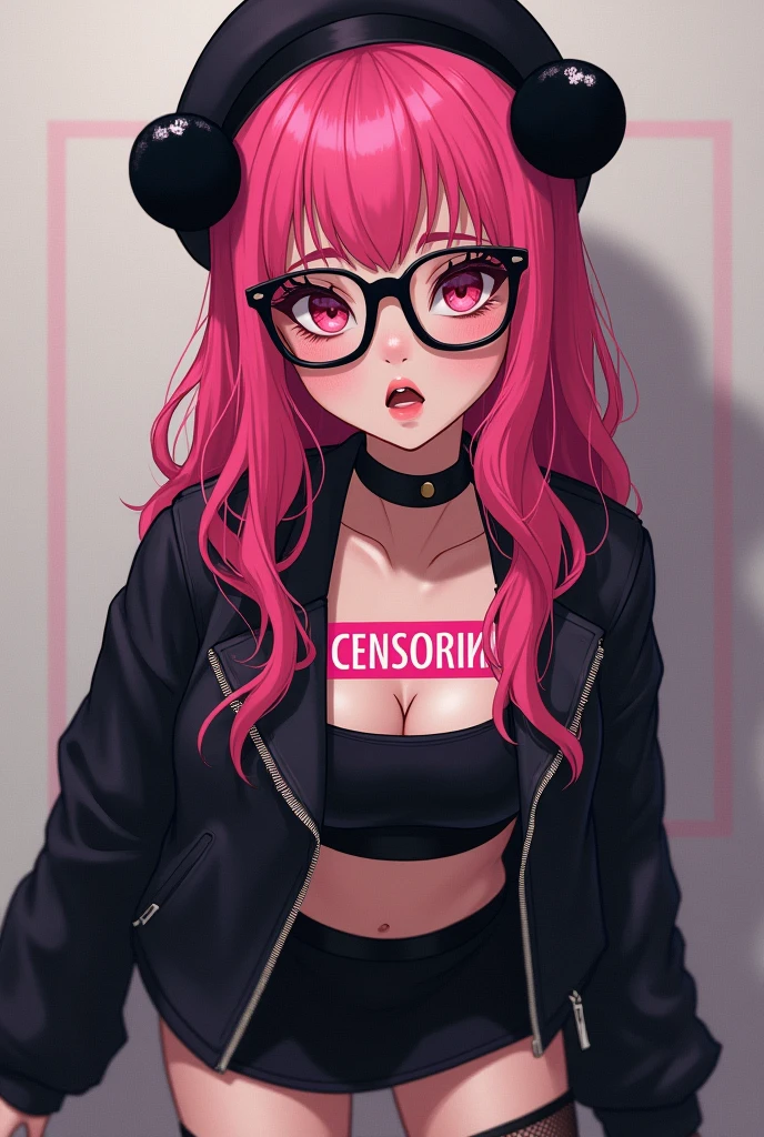 that she has a chest disease extremely daring that she has pink hair black beret with pompoms black glasses pink eyes an extremely blush a pink censorship box a short black skirt black mesh stockings white sneakers and that she is a girl 