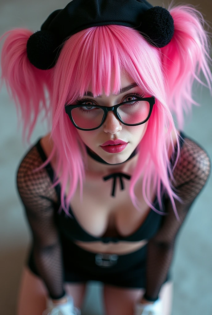 photograph of a nerdy milf with pink space buns wearing striped thigh-high socks, a short skirt and bra, her face covered in cum, anal sex