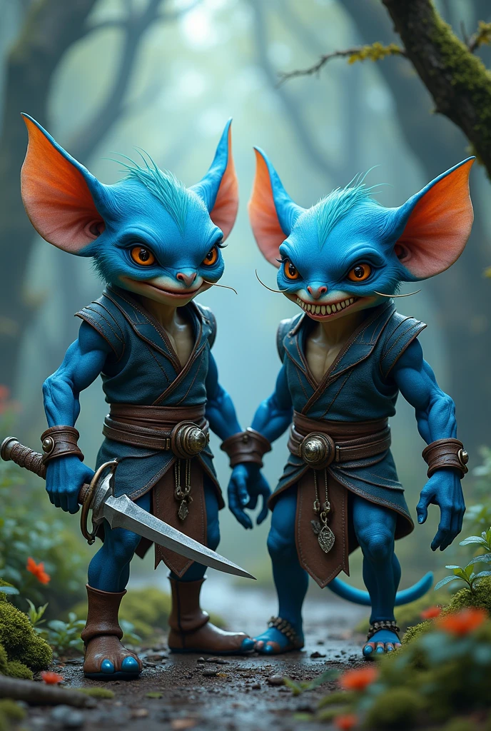 Hobgoblins in blue color, 1.70m tall, wearing a leather tunic and holding a dagger.



