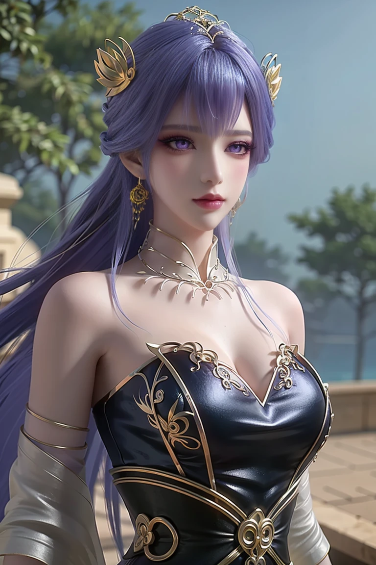 Masterpiece, best quality, ultra high quality, 
(crystalstexture skin:1.5), (extremely delicate and beautiful),
1girl, solo, jewelry, long hair,bare shoulders, purple hair, looking at viewer,earrings,  delicate lace, lace, white skin, pale skin, 3d, (large breasts:1.2), hair ornament,  soft lighting, natural lighting, day, sky, wisteria, outdoors, detail color, ferpect lighting, Glowing skin, oil skin, standing, upper body,