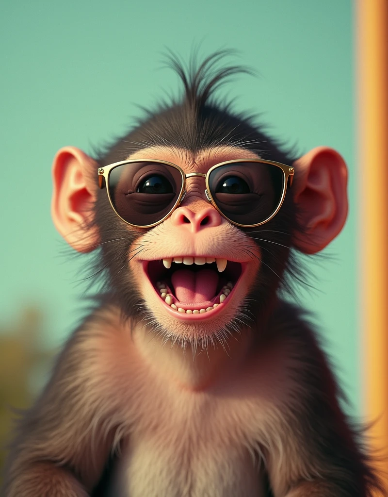 A monkey wearing sunglasses laughing, head and shoulders, looking at viewer, Wes anderson colour palette 