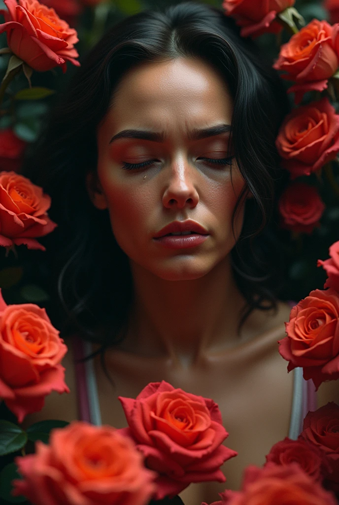 A woman, resembling with Gal Gadot actress, sitting with her head bowed, crying. In her surrounding, there are roses. The roses symbolize love and beauty, while her posture and expression convey a deep sense of sorrow and emotional pain. Realistic image