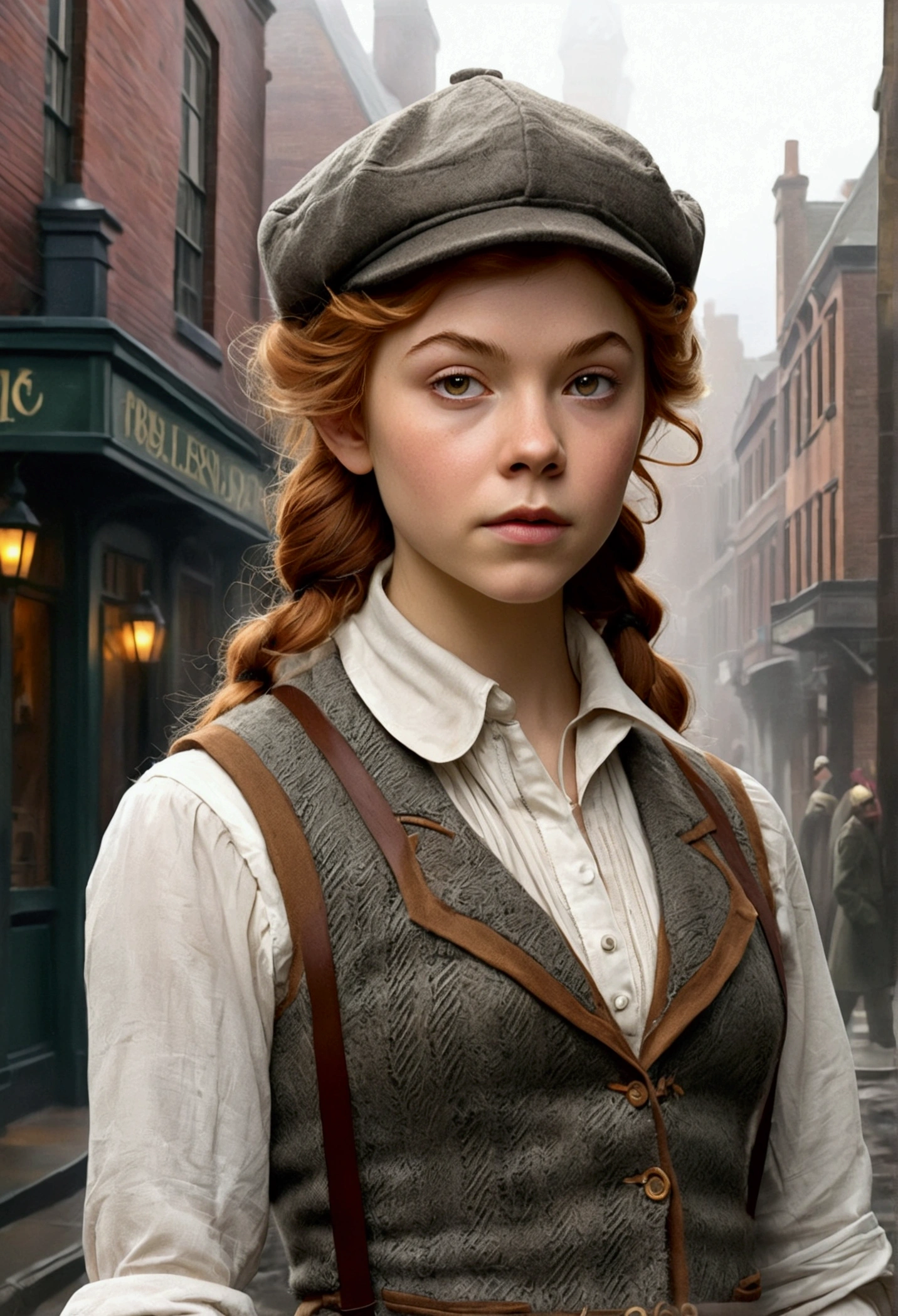 An illustrated movie poster, hand-drawn, full color, a teenage elven girl, wearing a tweed vest and a newsie cap, athletic hourglass figure, long pointy elf ears, chestnut hair, messy shaggy bob cut, rosy skin, freckles, resembles Margaery Tyrell, standing on a foggy victorian-era street corner, graphite shading, stencil marks, airbrushed acrylic paint, masterpiece, in the style of the Sherlock Holmes, elf ears