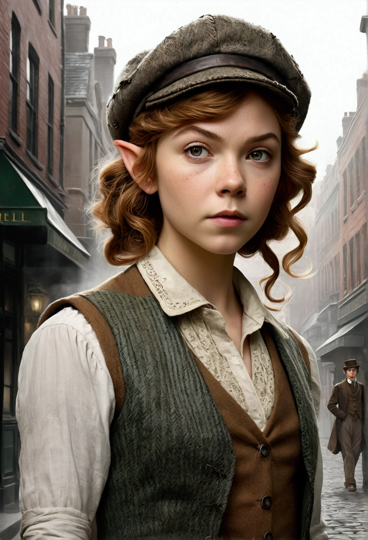 An illustrated movie poster, hand-drawn, full color, a teenage elven girl, wearing a tweed vest and a newsie cap, athletic hourglass figure, long pointy elf ears, chestnut hair, messy shaggy bob cut, rosy skin, freckles, resembles Margaery Tyrell, standing on a foggy victorian-era street corner, graphite shading, stencil marks, airbrushed acrylic paint, masterpiece, in the style of the Sherlock Holmes, elf ears