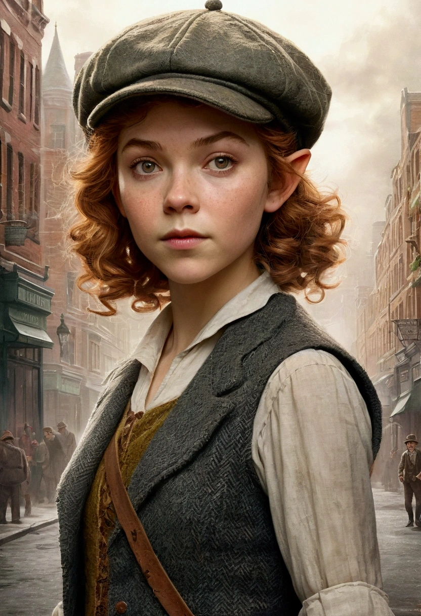 An illustrated movie poster, hand-drawn, full color, a teenage elven girl, wearing a tweed vest and a newsie cap, athletic hourglass figure, long pointy elf ears, chestnut hair, messy shaggy bob cut, rosy skin, freckles, resembles Margaery Tyrell, standing on a foggy victorian-era street corner, graphite shading, stencil marks, airbrushed acrylic paint, masterpiece, in the style of the Sherlock Holmes, elf ears