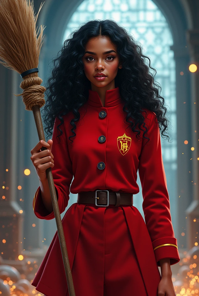 Angelina Johnson from the Harry Potter universe. Black-haired dark-skinned girl with curly hair, red uniform, 20 years, with a broom in her hand, captain of the gryffindor Quidditch team