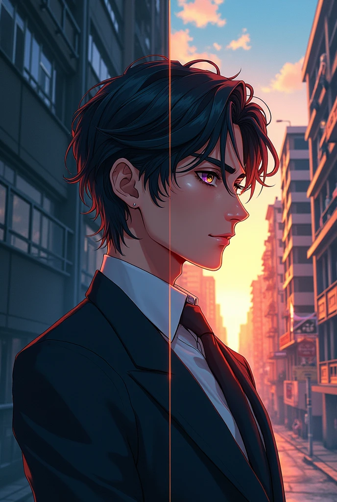 Rebirth/urban realistic romance book cover. Anime, young Handsome billionaire character. Split design cover with two contrasting images. 
Left side is grey, right side looks present