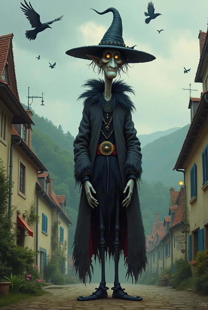 A wizard set in France in the 19th century, in the style of Tim Burton
