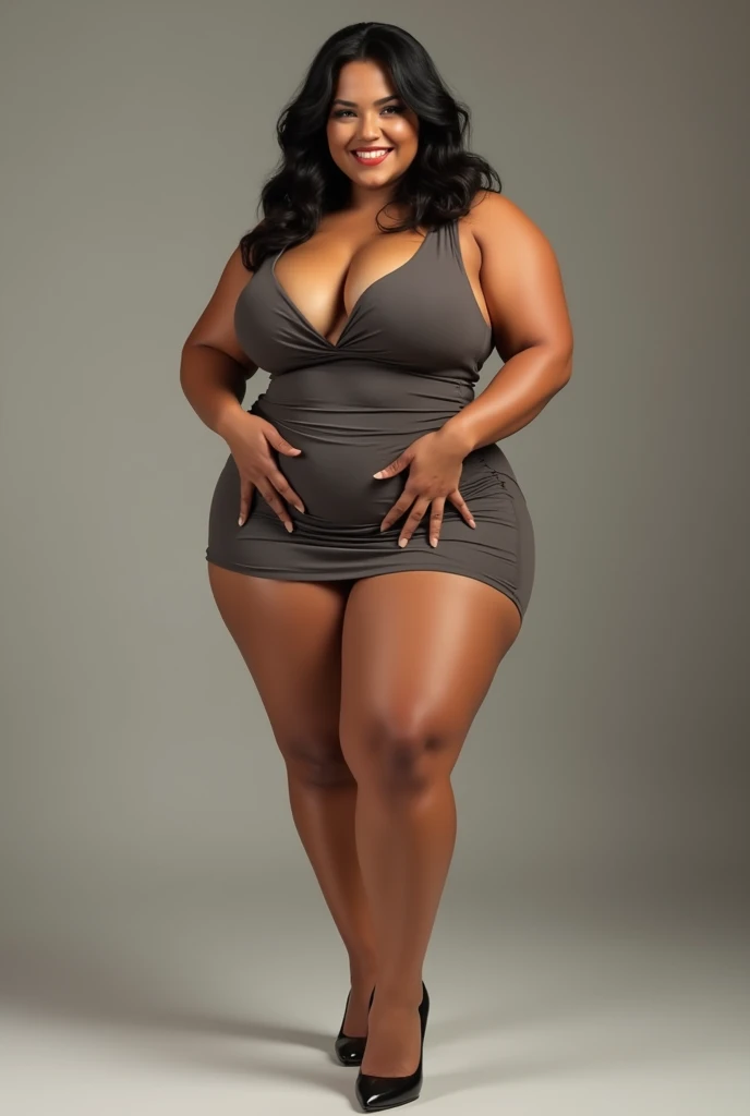 full body, slim muscled body, Jaw dropping gorgeous muscular sexy latina girl with big and dense defined thighs, curvy bulging muscular ripped physique, sensual pose, suntan soft taut skin, ripped big sexy muscles, ifbb pro bodybuilder, wearing a tight dress and high heels, curvy hourglass build, very thin waist, big round breasts, sexy dense body, smiling