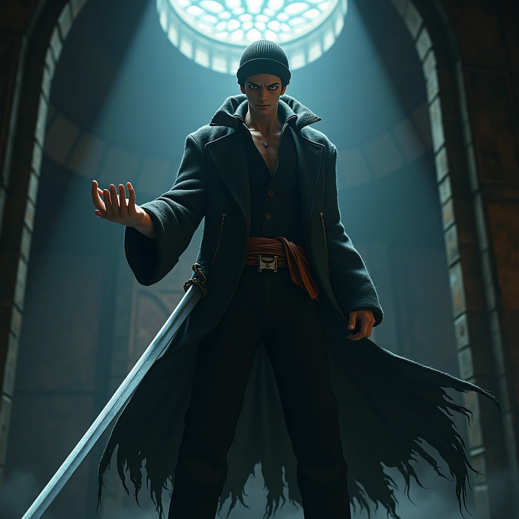 one piece、Trafalgar Law、Knitted hat、Long coat、Long sword、Room、room、Use magic to manipulate space、3D Rendering, 8k octane, realism, Surrealism, High resolution, masterpiece, accurate, Textured skin, Ultra high definition, Very detailed,