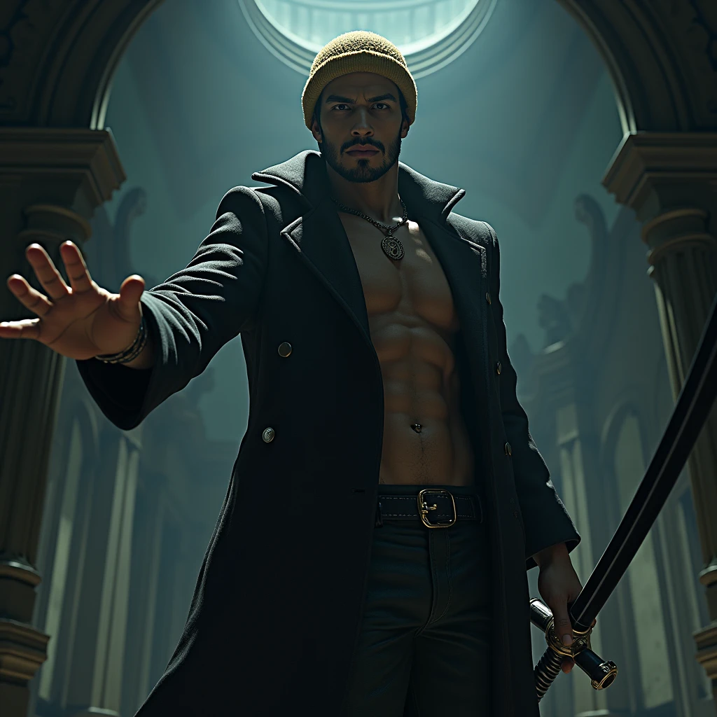 one piece、Trafalgar Law、Knitted hat、Long coat、Long sword、Room、room、Use magic to manipulate space、3D Rendering, 8k octane, realism, Surrealism, High resolution, masterpiece, accurate, Textured skin, Ultra high definition, Very detailed,