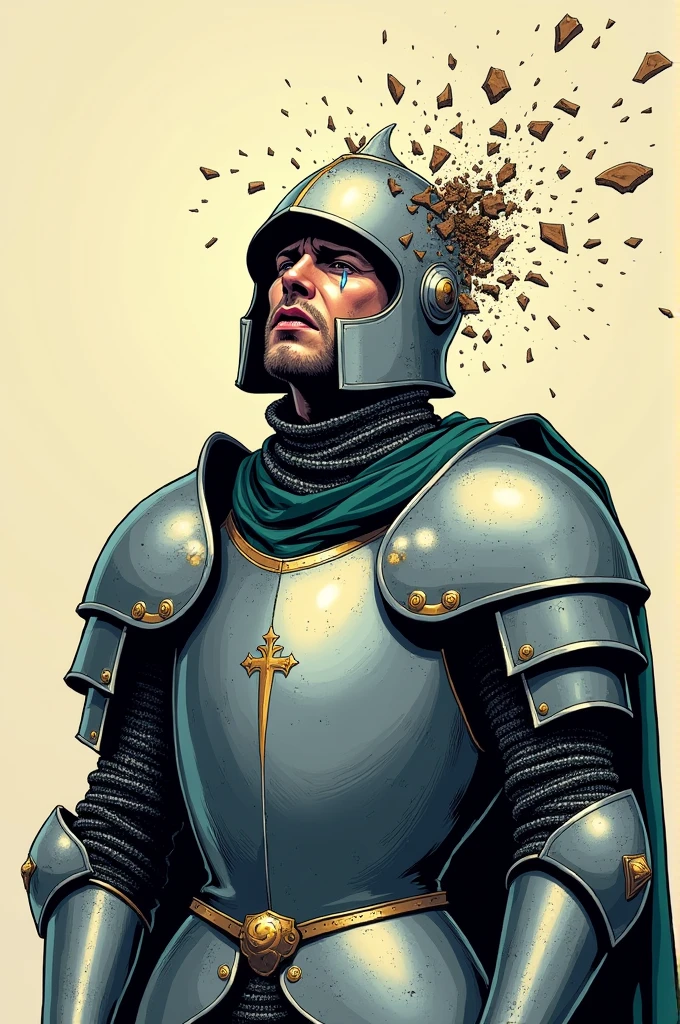 I want an image where a knight in shining armor cries thinking about his family for doing things wrong, with his helmet falling apart with tears, comic style