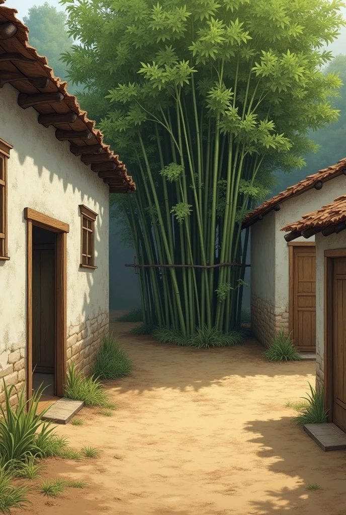A photo based on an excerpt from the story A galinha a sopa prado "No fundo, next to the wall, um bambuzal. On one side, the shed with Alzira the cook&#39;s room and a small storage room. "
