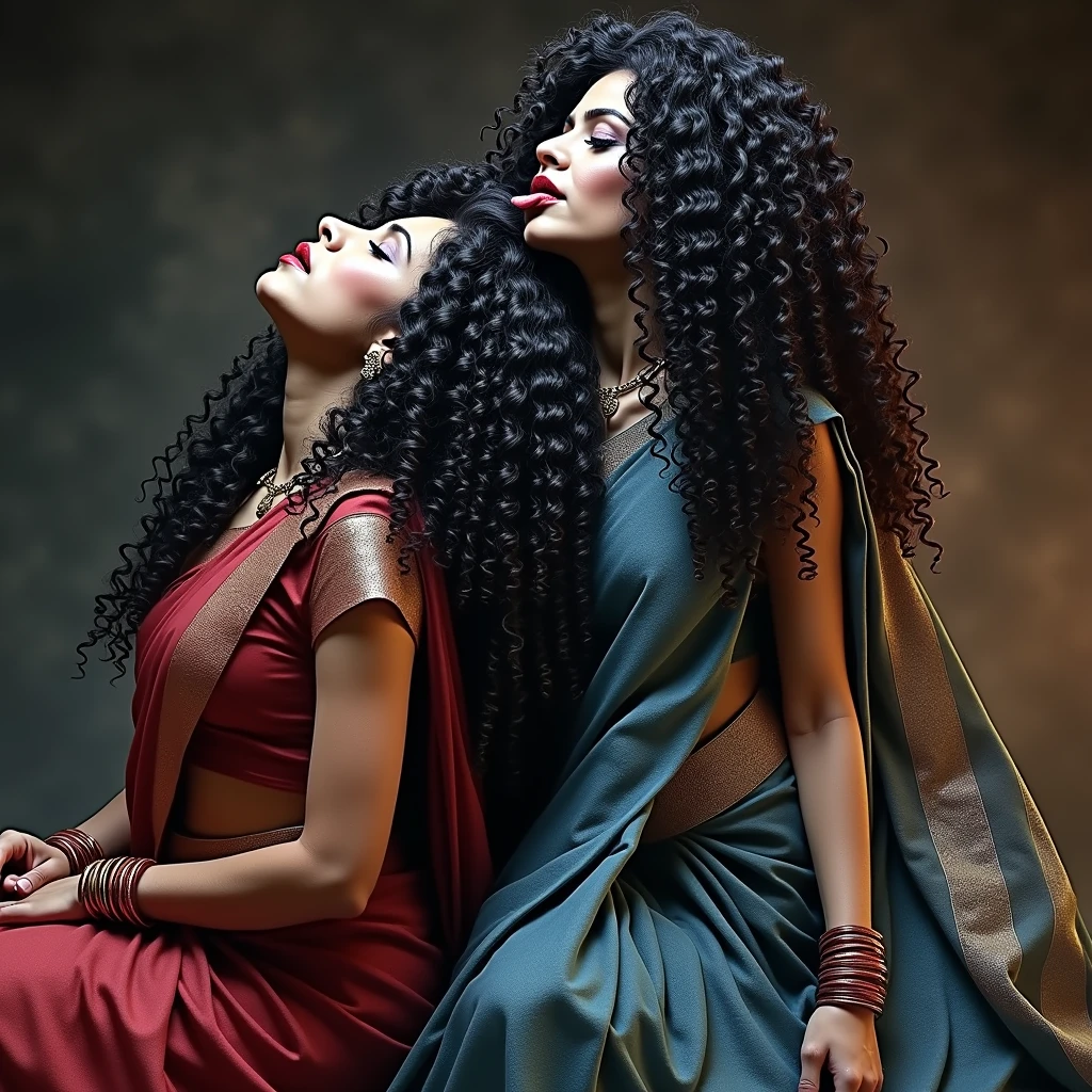(Best Quality),(High resolution),(8k),(Masterpiece),indian kali temple,two mature ladies in sarees,stand out against the dark, mystical backdrop. Their unnaturally black, extreme coiled 3C curly hair, reminiscent of coiled springs, draws the eye with its inexplicable sheen and volume. Each strand seems to have been meticulously crafted by an unseen hand, coiled and coiled a million times over until it reaches a state of surreal perfection. The hair appears to have been showered with an unimaginable amount of oil, so much so that it resembles wet pulp, saturated and absorbing the light around them.kneeled,bend over and hands on the ground,one lady kissing head scalp from behind keeping tongue out((show me squat pose lady' tongue out,long tongue:1.0)),((perfect color grading))