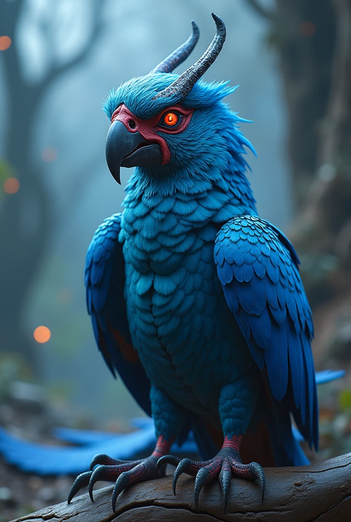 magical creature that is a mix of a blue macaw and a demon