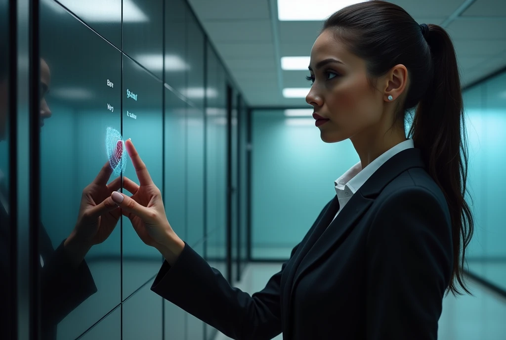 a woman putting her fingerprint to access a room