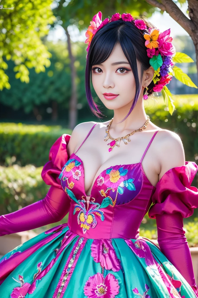 (masterpiece:1.4), (best quality:1.4), ultra high res, ultra high resolution, ((detailed facial features)), HDR, (realistic, photorealistic, photo-realistic:1.37), full body Esbian, sexy swedish model, (-anime), only 1 model, vivid colors, ((vivid colors multicolor (fuchsia, pink, light blue, purple) very short hair)), (seductive smile), lip-gloss, long lashes, defined eyebrows, wearing large sparkling colorful jewelery, wearing a red silk Paradise Kiss cosplay dress with black floral embroidery, ((vivid colors outfit)), vivid colors, look at the camera, cinematic light, large park background with trees, sweet and sexy pose