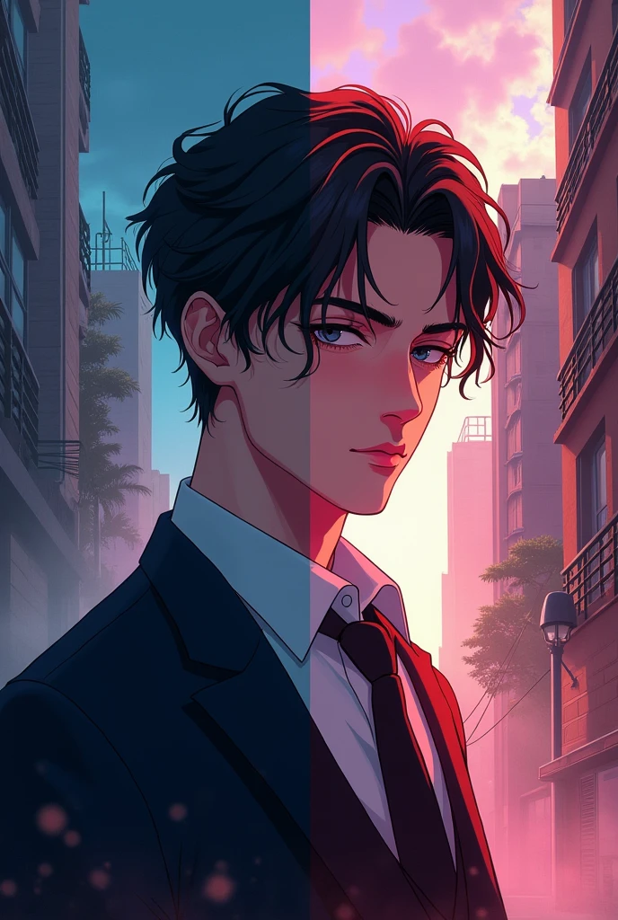 Rebirth/urban realistic romance book cover. Anime, young Handsome billionaire character. Split design cover with two contrasting images.
Left side is grey, right side looks present