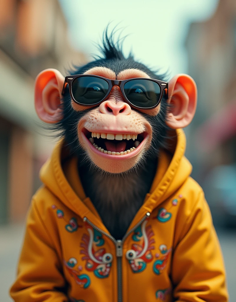 A monkey wearing sunglasses and hoodie laughing, head and shoulders, looking at viewer, Wes anderson colour palette
