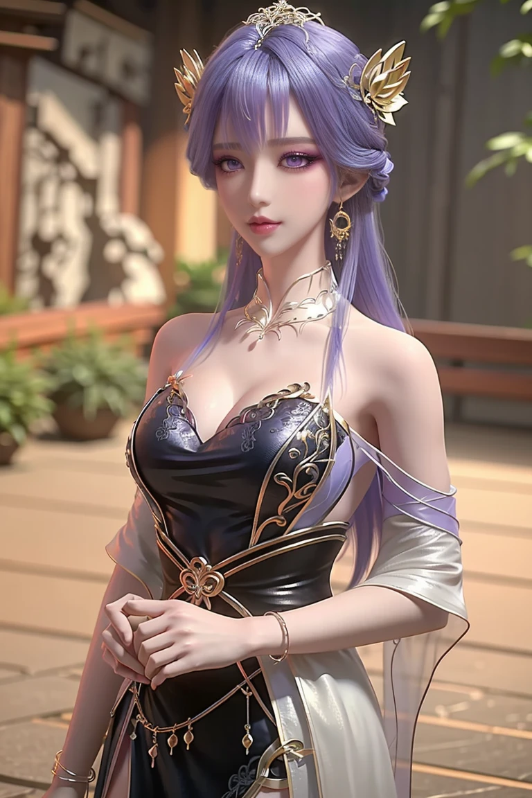 Masterpiece, best quality, ultra high quality, 
(crystalstexture skin:1.5), (extremely delicate and beautiful),
1girl, solo, jewelry, long hair,bare shoulders, purple hair, looking at viewer,earrings,  delicate lace, lace, white skin, pale skin, 3d, (large breasts:1.2), hair ornament,  soft lighting, natural lighting, day, sky, wisteria, outdoors, detail color, ferpect lighting, Glowing skin, oil skin, standing, upper body,