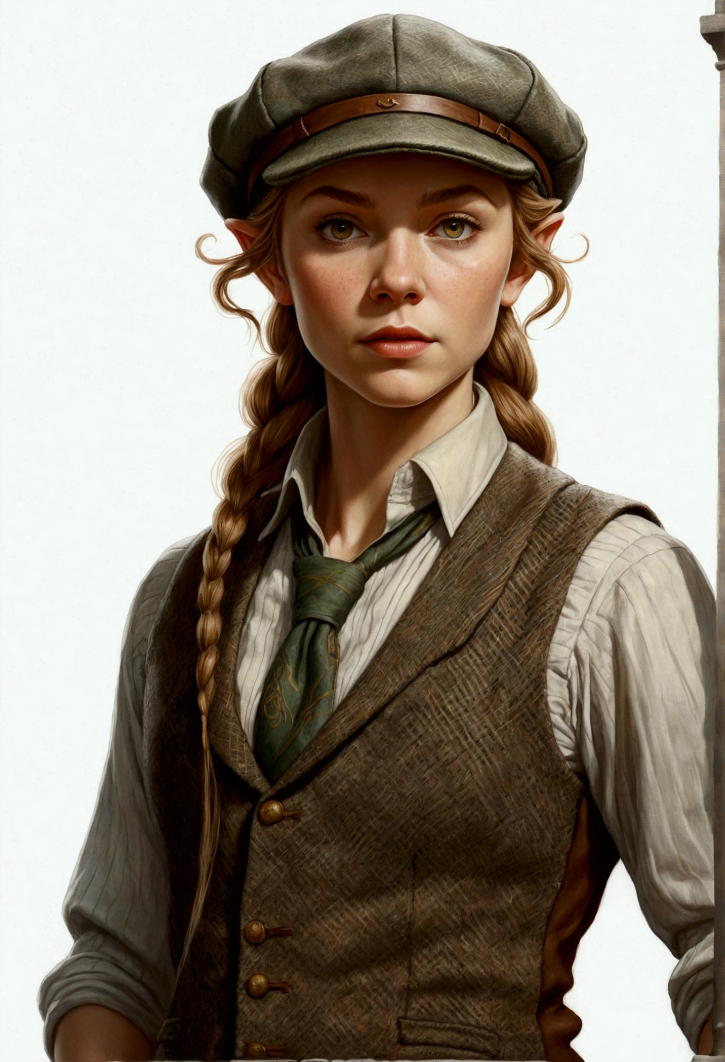 An illustrated movie poster, hand-drawn, full color, an elven maiden, wearing a tweed vest and a newsie cap, tall, toned, amazonian stature, athletic hourglass figure, long pointy elf ears, shaggy bob cut, deep sun-tanned skintone, freckles, resembles Margaery Tyrell, standing on a foggy Victorian-era street corner, graphite shading, stencil marks, airbrushed acrylic paint, masterpiece, in the style of Sherlock Holmes, elf ears