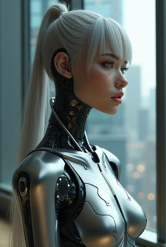 (best quality, high quality, Absurd, Masterpiece, Beautiful, complex parts, 1/2 body crops, slender body, Beautiful figure, Magnificent Anatomy, (complex parts:1.12), HDR, (complex parts, hyper detail:1.15), (natural skin textures, Hyperrealistic, soft light, Spicy:1.2) 4k, 8k, highres, masterpiece:1.2), ultra-detailed,(realistic, photorealistic, photo-realistic:1.37), HDR, UHD, studio lighting, ultra-fine painting, sharp focus, physically-based rendering, extreme detail description, professional, vivid colors, bokeh, portrait, sci-fi, concept artists, bright, ambient light, glass window, reflections, sleek, modern architecture, futuristic technology, organized, neat, towering skyline, bustling city, traffic streams, crowded streets, swirling city lights, skyscraper elevators, intelligent building systems, holographic screens, high-tech gadgets, tangible textures of metallic finishes, polished surfaces, elegant furniture, ergonomic chairs, exquisite wooden desks, stylish office attire, fashionable futuristic suits, sophisticated cyborg, expressive eyes, luscious lips, flawless metallic skin, sleek silver hair, adjustable cybernetic arms, graceful movements, dynamic dance poses, playful twirls, powerful jump mid-air, agile shooting stances, raw emotions, heartbreaking tears, intimate moments, passionate masturbation.