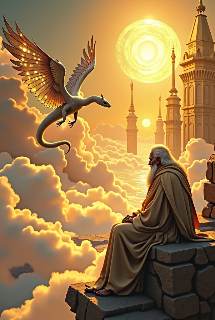 a place in the sky with clouds and where you can see a golden kingdom where there is an old wise man and a flying snake with wings