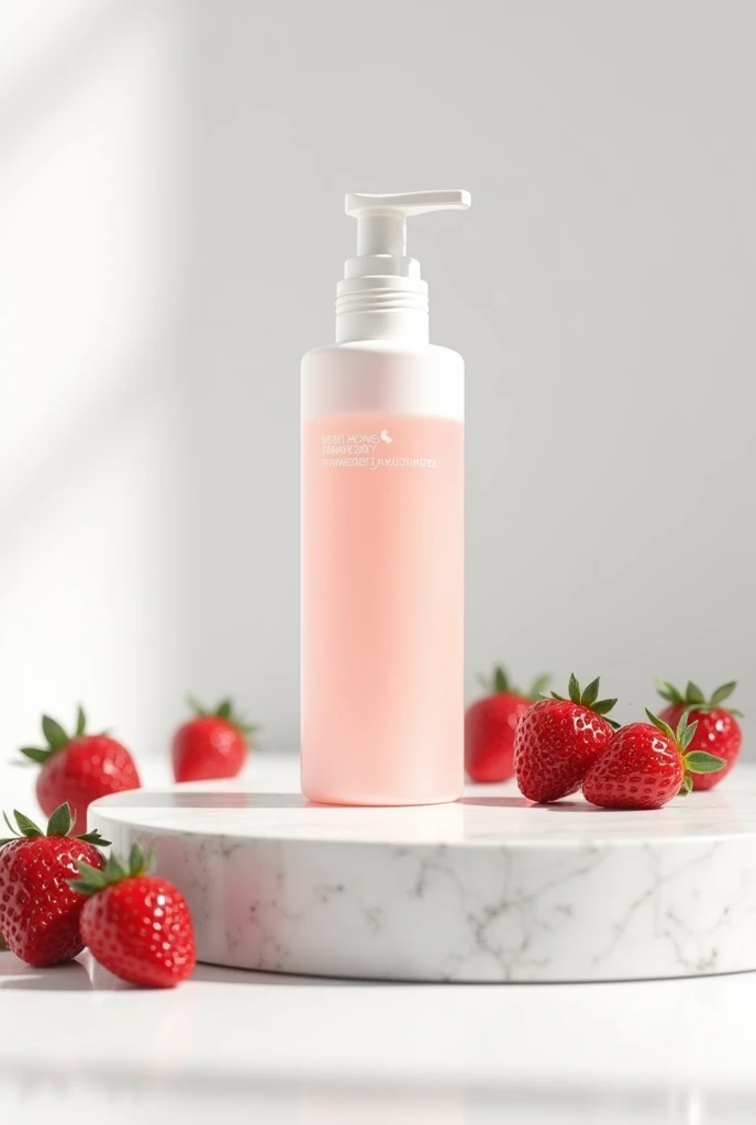 White background with a white quartz table with a cylindrical bottle of body moisturizer with strawberries around it with the tip open and the label reading Sweet Honey, written below Strawberry Moisturizer the liquid inside the product must be baby pink