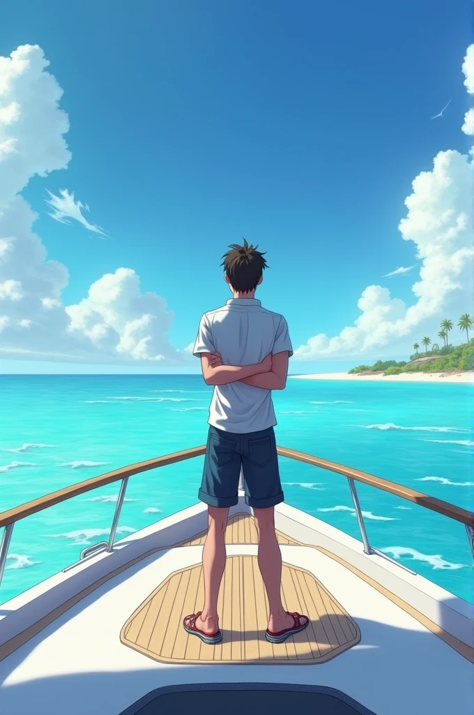 man (Not so big, something teenage) on a yacht looking at the horizon (with arms crossed and lying on the shore) but stopped