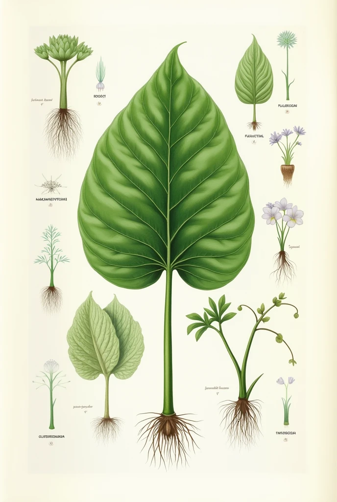 Create an image of a work on a sheet of paper where in the center there is a leaf of a plant and on the sides the parts of the plant are explained.