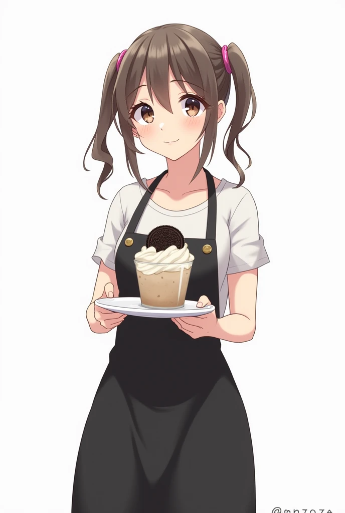 Woman in black apron holding plate with Oreo Cream Anime White background
