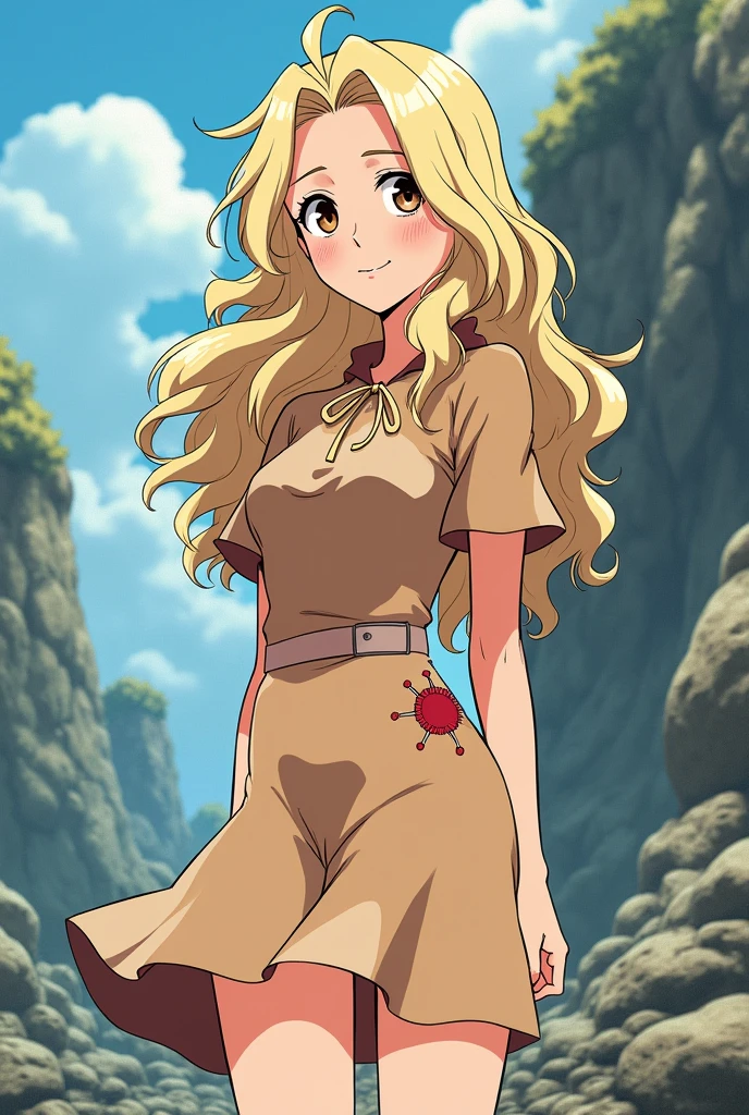 Make a comic panel image of the anime and manga of Dr.. Stone. A girl with long curly hair, Caucasian skin, lightbrown eyes, she was wearing a pastel brown dress like Tinker Bell's, tinkerbell. He had a scar on his hip.