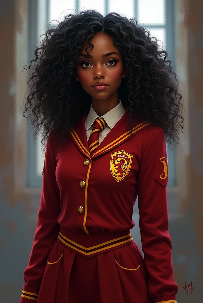 Angelina Johnson from the Harry Potter universe. Black-haired dark-skinned girl with curly hair, red uniform, 20 years, captain of the gryffindor Quidditch team