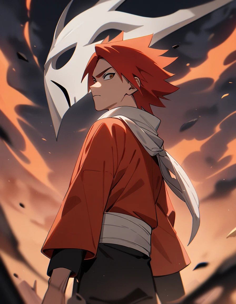 1boy, male focus, Karin Uzumaki, red hair, long hair, Naruto Shippuden, Hollow Mask, Bleach, red jacket, masterpiece, best quality, very aesthetic, art done by Masashi Kishimoto