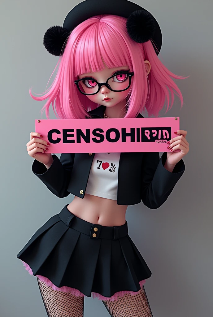 that she has a chest disease extremely daring that she has pink hair black beret with pompoms black glasses pink eyes an extremely blush a pink censorship box a short black skirt black mesh stockings white sneakers and that she is a girl 