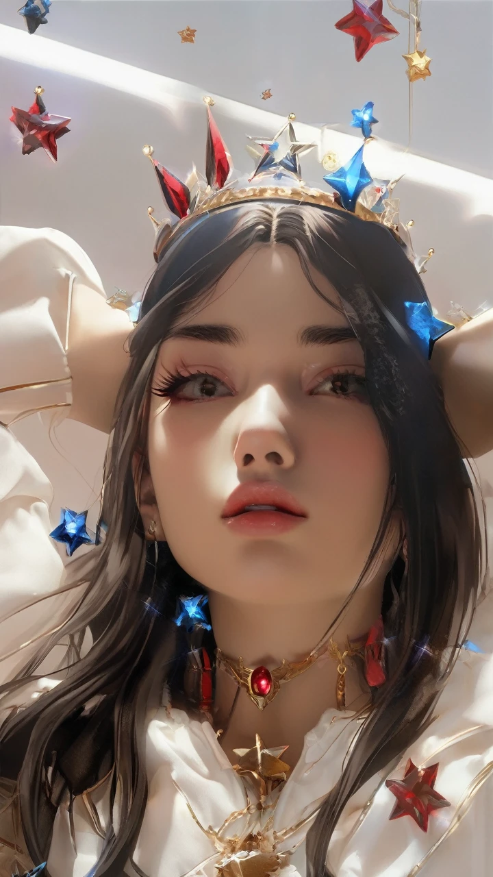 ((extreme detail)),(ultra detali), Extremely detailed CG 8k unity wallpaper, Velvet, figurine, red hood, top cut, star headdress, sleeves, lips, looking away, close up, turn your head, black backdrop