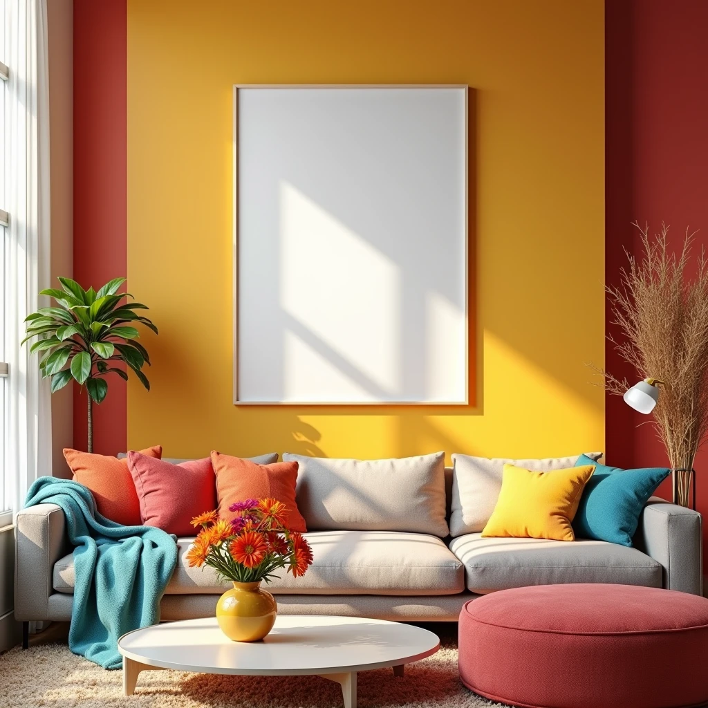 A hyper-realistic HDR scene in a cozy living room filled with vibrant colors and natural light. The focus is on a vertical A4 frame with a blank white canvas, hanging on a brightly colored accent wall. The room is furnished with a modern sofa adorned with colorful throw pillows, and a nearby coffee table holds a vase of fresh, vivid flowers. The sunlight filters through large windows, creating a lively and warm atmosphere. The overall mood is cheerful, with the blank canvas ready to inspire creativity in this vibrant living space