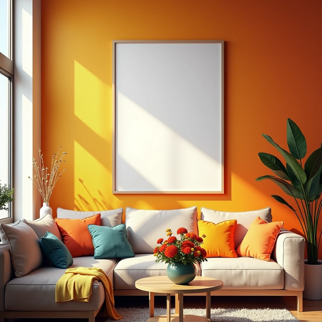 A hyper-realistic HDR scene in a cozy living room filled with vibrant colors and natural light. The focus is on a vertical A4 frame with a blank white canvas, hanging on a brightly colored accent wall. The room is furnished with a modern sofa adorned with colorful throw pillows, and a nearby coffee table holds a vase of fresh, vivid flowers. The sunlight filters through large windows, creating a lively and warm atmosphere. The overall mood is cheerful, with the blank canvas ready to inspire creativity in this vibrant living space