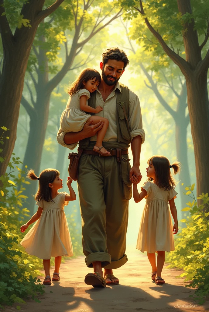 Man carrying a girl and holding another girl by the hand