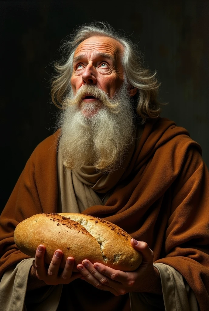 masterpiece, Renaissance, Baroque style, high contrast, black dark background, tenebrismo, estilo Caravaggio, warm tones, Old man, with a big beard,looking at the sky, with a loaf of bread in his hands, a lot of detail, old painting, Awesome, ropa antigua estilo pinturade Rembrandt, shocking look, high contrast negros, Caravaggio, Rembrandt,